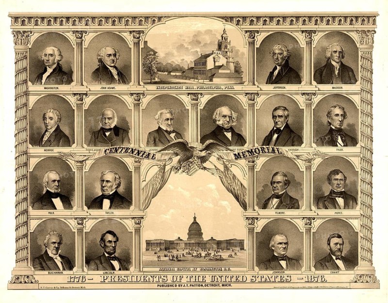 The Presidents of the United States of America from 1776 to 1876, authentic, digitally restored reproduction from a 19th century model, exact date of depiction unknown, historical