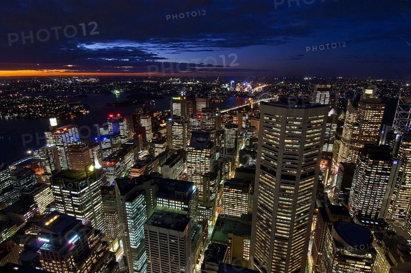 View of Sydney at blue hour seen from Sydney Tower, lights, night view, Australia