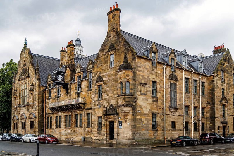 Sandstone Edwardian Renaissance style facade of the Pearce Institute, a community centre gifted to Govan by Lady Dinah Pearce, Glasgow, Scotland, United Kingdom
