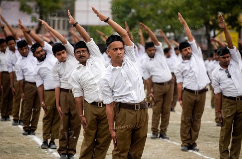 Rashtriya Swayamsevak Sangh (RSS) volunteers participate in an annual event, in Guwahati, Assam, India on Sunday, April 3, 2022. The Rashtriya Swayamsevak Sangh is a Hindu nationalist, paramilitary volunteer organisation