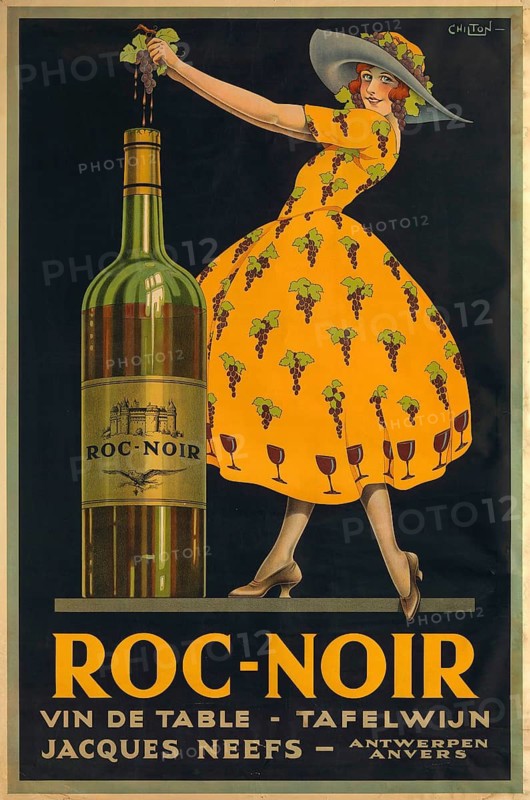 Advertising poster, beverage advertisement, advertising poster showing Roc-Noir table wine by Jacques Neefs from Antwerp. The design is by Chilton and features a woman in a yellow dress with grape pattern dropping grapes into an oversized bottle, ca 1910, authentic reproduction of a historical advertising poster, advertising sign, in high resolution, historic