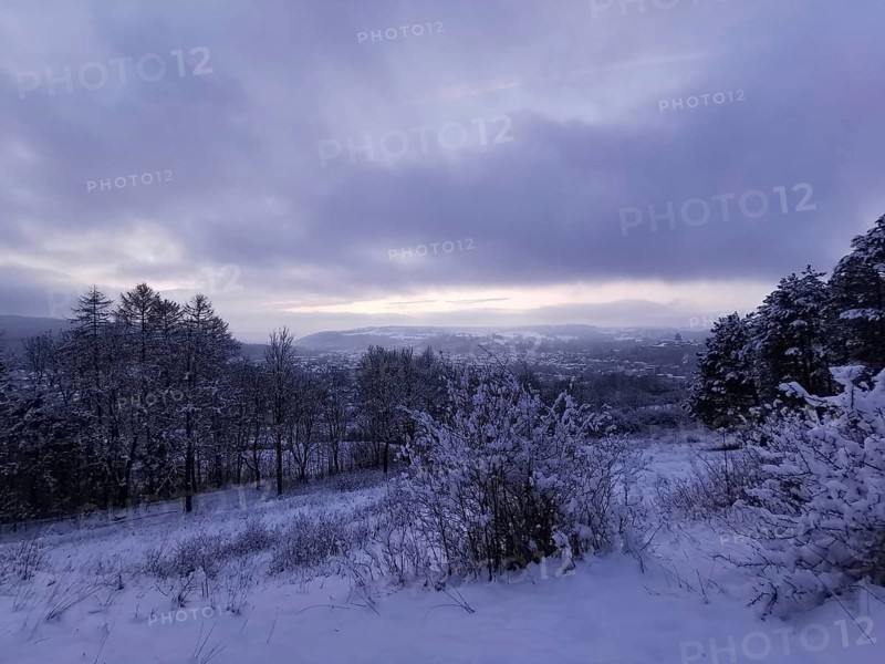 Snowy landscape in evening light with trees and hills under a cloudy sky, view from Kreuzberg over Kronach, Frankenwald nature park Park, Upper Franconia