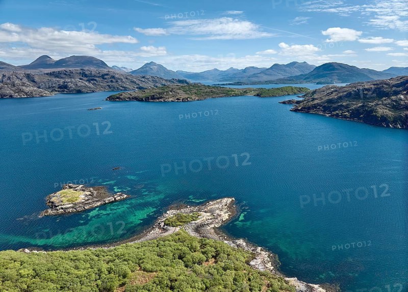 Panoramic aerial photo of the highland landscape at Loch Shieldaig, western Scotland, UK