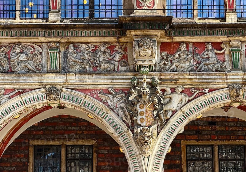 Gusset reliefs in the arcade arches at Bremen City Hall, important brick Gothic and Weser Renaissance building, UNESCO World Heritage Site, Germany