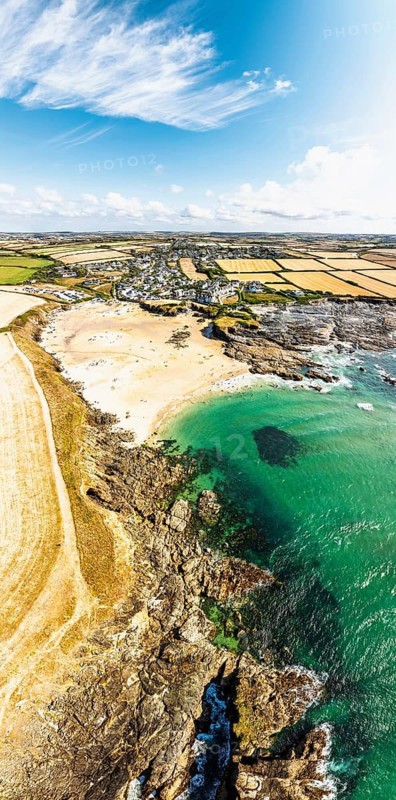 Panorama View of Trevone Beach and Trevone Bay from a drone, Trevone, Padstow, Cornwall, England, United Kingdom, Summer 2026