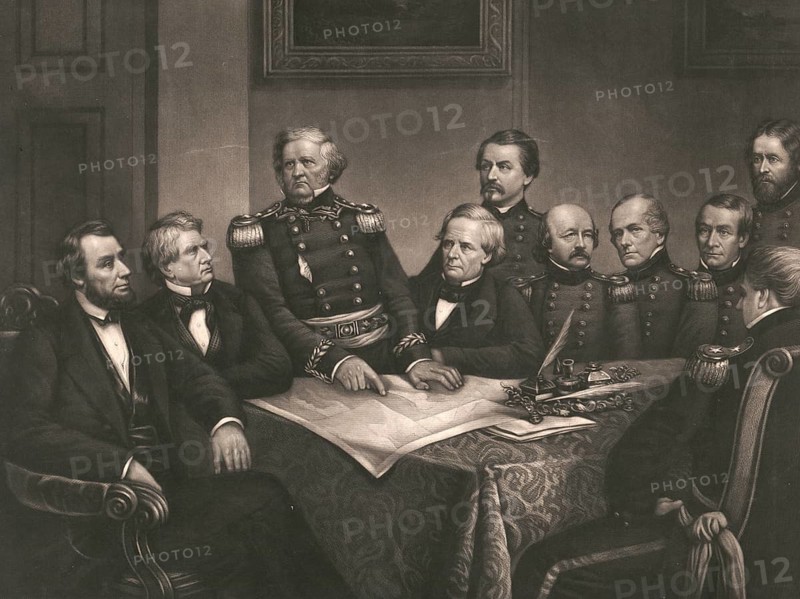 President Abraham Lincoln and his cabinet during the American Civil War. The scene depicts Abraham Lincoln, Secretary of State William H. Seward, and General Winfield Scott, a meeting in 1861 in which Lincoln discussed strategies with his military leaders and advisors, authentic, digitally restored reproduction of a 19th-century model, exact date of depiction unknown, historical