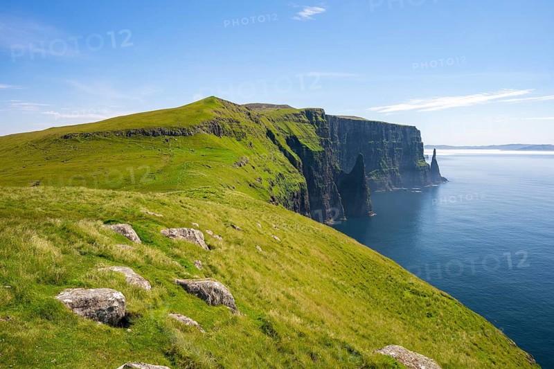 View of the steep cliffs of Liraberg, Skopun, Sandoy Island, Faroe Islands, Denmark