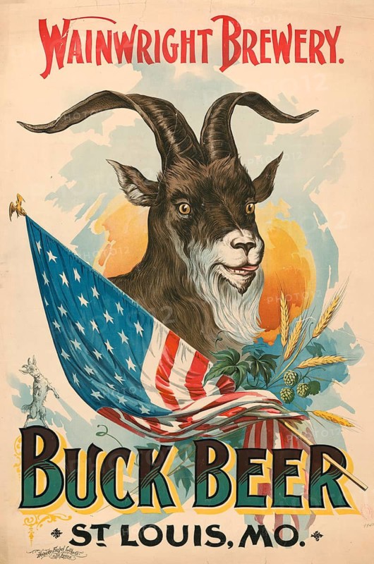 Advertising poster, beverage advertisement, advertising poster for Buck Beerder Wainwright Brewery from St. Louis, Missouri. The poster dates from 1895 and was created by Heinicke-Fiegel Litho. Co. created. The illustration shows a goat in front of an American flag, surrounded by hops and grains as beer ingredients, authentic reproduction of a historical advertising poster, advertising sign, in high resolution, historical