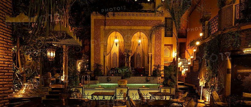 Oriental courtyard at Hotel Riad Palais Sebhan, former city palace, Medina, Marrakech, Maghreb, North Africa, Morocco