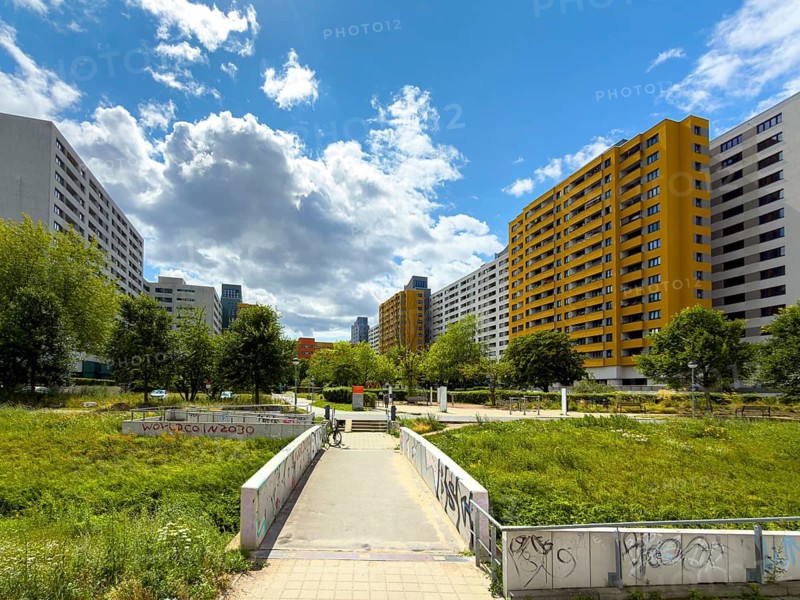 Playgrounds and skyscrapers in the Märkisches Viertel social housing development in the north of Berlin, MV, Germany