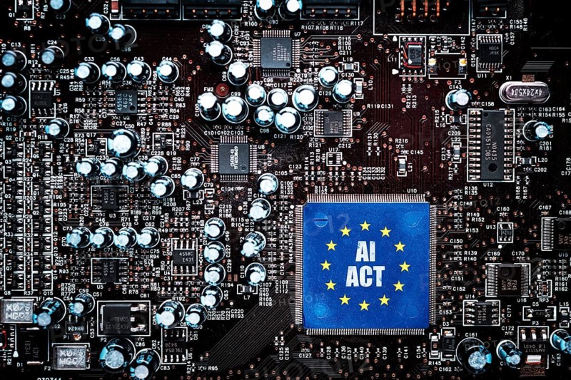 Computer board with EU flag and inscription AI Act, photo montage +++ editorial use only