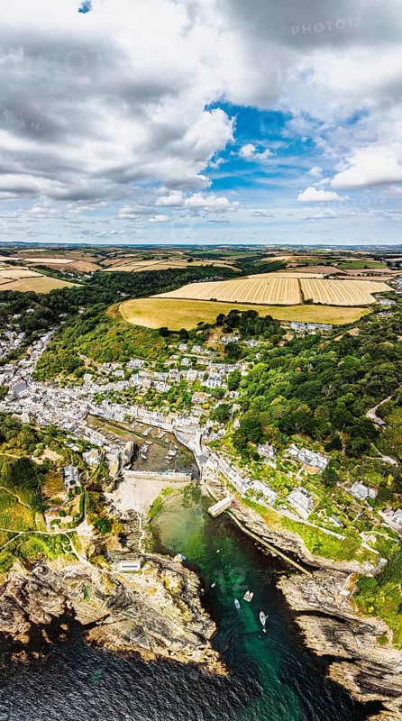 Panorama of Polperro Harbour and Village from a drone, Polperro, Looe, Cornwall, England, United Kingdom