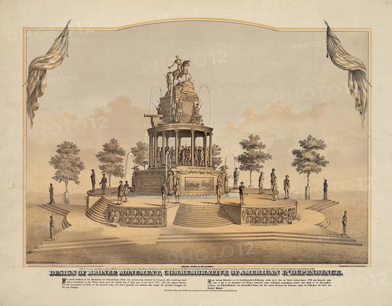 Design for a monumental bronze monument in memory of the American Declaration of Independence, 1876, American history, authentic, digitally restored reproduction in high resolution from a 19th-century model, exact date of depiction unknown, historical