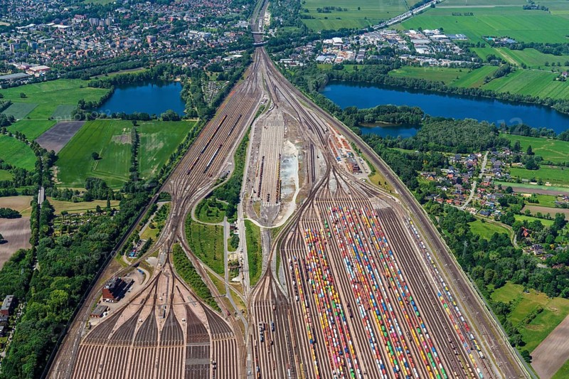 Europe, Germany, Lower Saxony, Maschen, municipality, Seevetal, district, Harburg, Lüneburger Heide, commuter catchment area, rail, Deutsche Bahn, freight train, transfer, maneuver, order, transport, loads, connection, rails, network, series, symbol, logistics, German, DB, passenger transport, rail traffic, rail traffic, rail traffic, rail traffic, train connection, train traffic, infrastructure, aerial view, top view, aerial view, aerial view, aerial view, aerial view, aerial view, bird's eye view, wagon, wagons