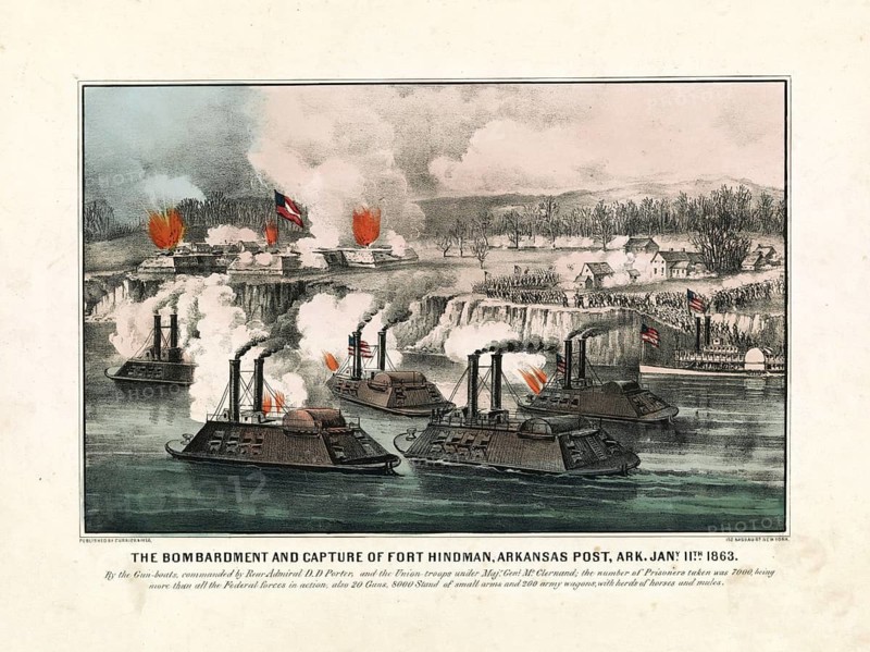 Siege and capture of Fort Hindman, Arkansas Post, during the American Civil War on January 11, 1863. Depicted is the combined attack of Union gunboats under Rear Admiral David Dixon Porter and land troops under Major General John A. McClernand. In the foreground are heavily armored US river gunboats shelling at the Confederate fort on the shore, authentic, digitally restored high-resolution reproduction of a 19th-century original, exact date of depiction unknown, American history, historical