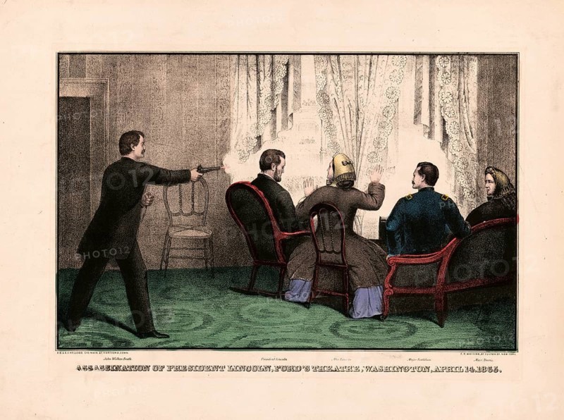 Scene of the assassination of US President Abraham Lincoln by actor John Wilkes Booth at Ford's Theatre in Washington, D.C. on April 14, 1865. The assassin entered the presidential box and shot the 16th US President in the head from behind while he was attending a performance. In addition to Abraham Lincoln, his woman Mary Todd Lincoln, Major Henry Rathbone and Clara Harris are on display, American history, authentic, digitally restored reproduction from a 19th-century original, exact date of depiction unknown, historical
