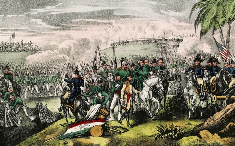 Surrender of the Mexican armed forces and the handing over of their weapons to General Winfield Scott on March 29, 1847 during the Mexican-American War, authentic, digitally restored reproduction in high resolution from a 19th-century model, exact date of depiction unknown, American history, historical