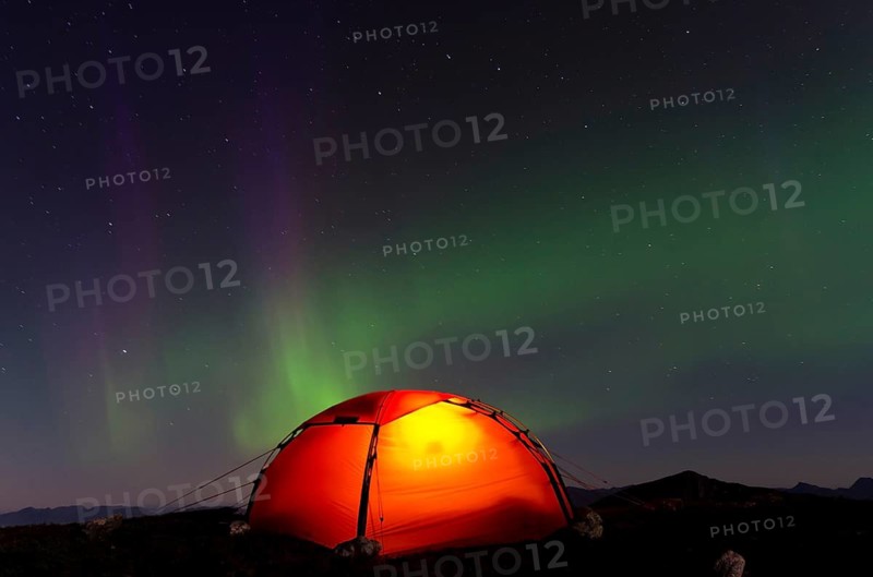 Tent in mountain landscape, Sarek National Park, Laponia World Heritage Site, Norrbotten, Lapland, Sweden, night view, lighting, northern lights, Scandinavia