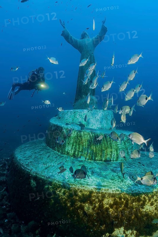A diver looks at the illuminated statue of Christ, the ‘Cristo degli Abissi' at San Fruttuoso, the statue of Jesus Christ, standing on a pedestal underwater, stretches out its arms and gazes imploringly upwards towards the sky, in the foreground, a small school of two-band bream (Diplodus vulgaris), Mediterranean Sea, San Fruttuoso, Portofino Peninsula, Liguria, Italy