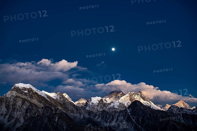 View from Renjo La Pass, 5360 m, of Mount Everest and Lhotse, evening light, Solu Khumbu, Himalayas, Nepal