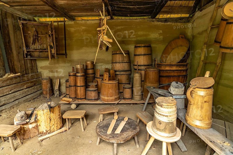 Exhibition of agricultural tools and wooden vessels Museum of Traditional Folk Culture ASTRA in Sibiu or Sibiu, Transylvania, Romania
