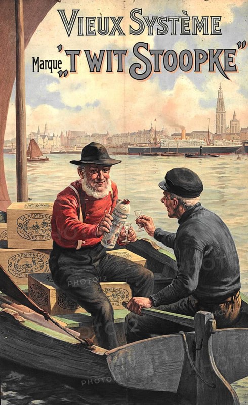 Advertising poster, beverage advertisement, advertising poster for't Wit Stoopke Jenever from the Jacques Neefs distillery in Antwerp, printed around 1907 by J.L. Goffart in Brussels. It shows two men in a boat looking at the harbour panorama of Antwerp, authentic reproduction of a historical advertising poster, advertising sign, in high resolution