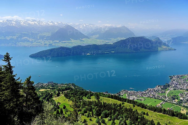 View from the Rigi Känzeli viewing platform of the village of Weggis, with Lake Lucerne behind, and the Bürgenstock, Rigi Kaltbad, Canton of Lucerne, Switzerland