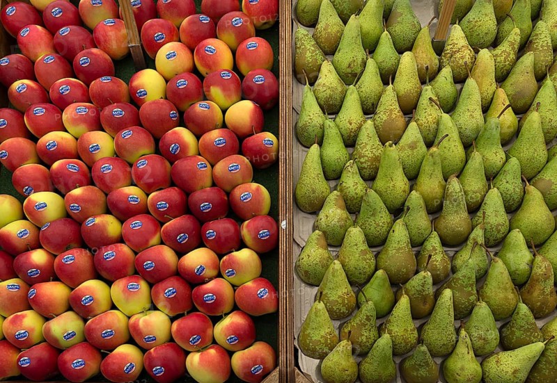 Apples (Malus) and pears (Pyrus) at a fruit stall, Enschede, Netherlands