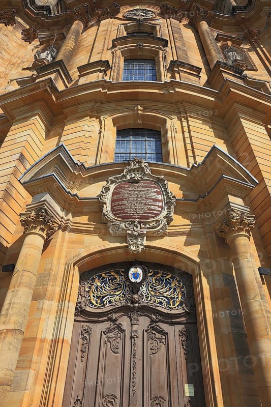 Western main portal of the Vierzehnheiligen Basilica, Bad Staffelstein, Lichtenfels district, Upper Franconia, Bavaria, Germany. The church, built according to plans by Balthasar Neumann, is dedicated to the fourteen emergency workers
