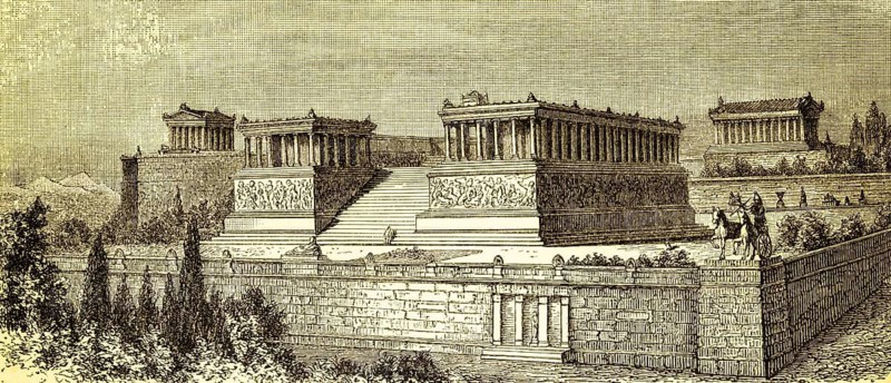 Reconstruction of the altar building, temple complex, stairs, wall, columns, group of buildings, horse-drawn carriage, statue, excavations of Pergamon, ancient Greek city founding in present-day Turkey, architecture, Asia Minor, historical illustration 1885