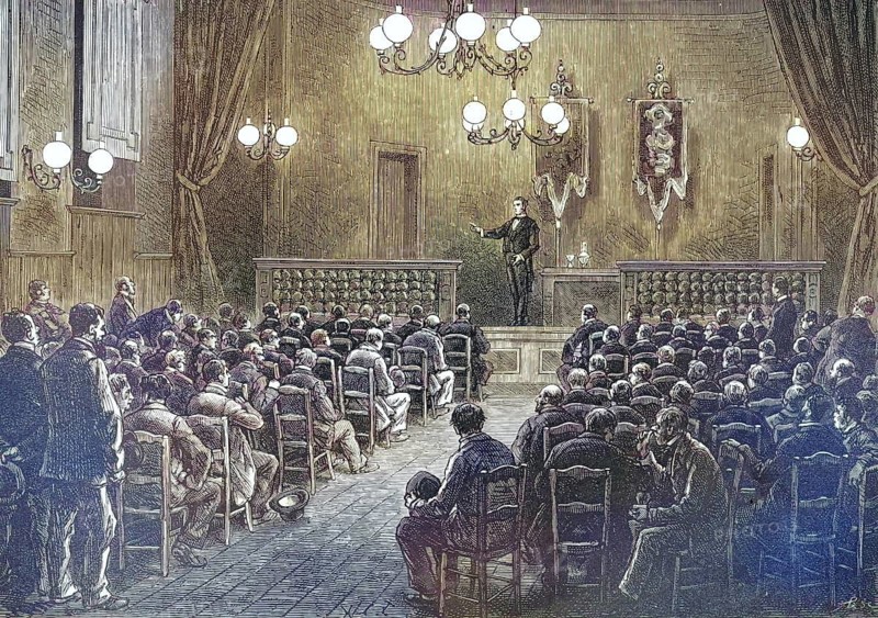 A 19th-century gathering depicting a speaker addressing a large audience, presumably a conference for workers at the Dollfus-Mieg workshops (DMC) in Dornach, Alsace, illustration, reproduction of a 19th-century original. Authentic, file restored for optimal use, exact date of the original unknown, historical, nostalgically coloured