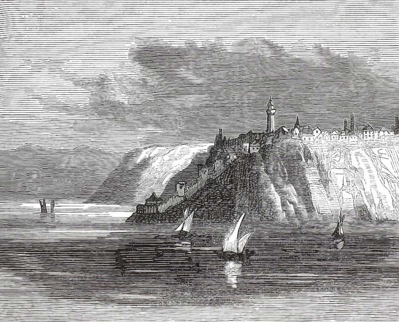 A historical view of the Bosphorus Strait, more specifically one of the strategic coastal fortifications, such as the region around the Rumeli Fortress or adjacent Ottoman cliff forts at the crossing to the Black Sea, 1880, Constantinople, Turkey, illustration, reproduction from a 19th-century model. Authentic, file restored for optimal use, exact date of submission unknown, historical