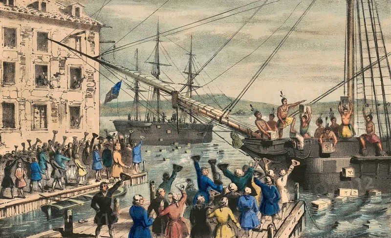 Boston Tea Party of December 16, 1773, citizens disguised as natives invaded Boston Harbor and threw 342 cases of tea worth thousands of pounds into the harbor basin, American history, authentic, digitally restored reproduction in high resolution from a 19th century original, exact date of presentation unknown, historical