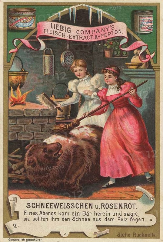 Fairy tale picture series, scene in which Schneeweißschen and Rosenrot sweep the snow out of a bear's fur, favorite picture, digitally restored reproduction of a collector's painting from around 1900, exact date unknown