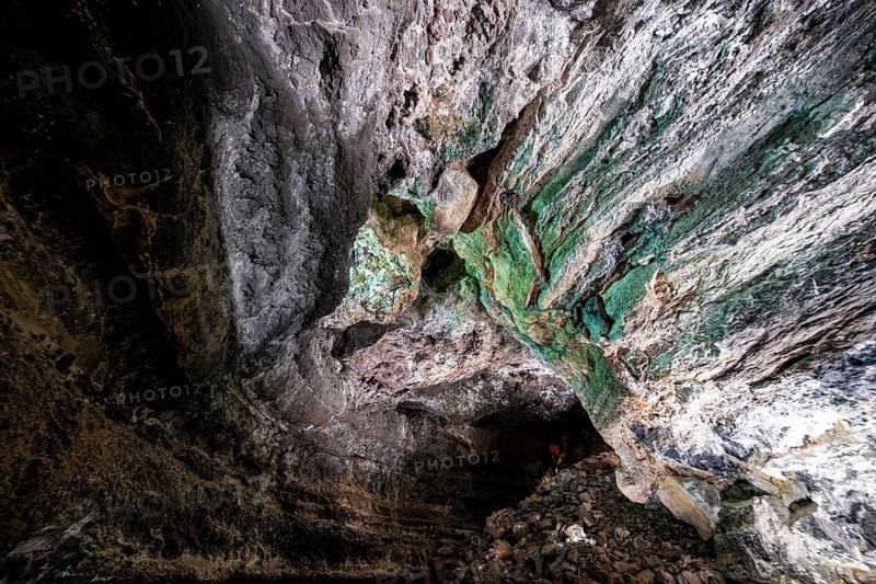 Underground cave formed by lava flow, illuminated lava cave, Cueva de los Verdes, Lanzarote, Canary Islands, Spain