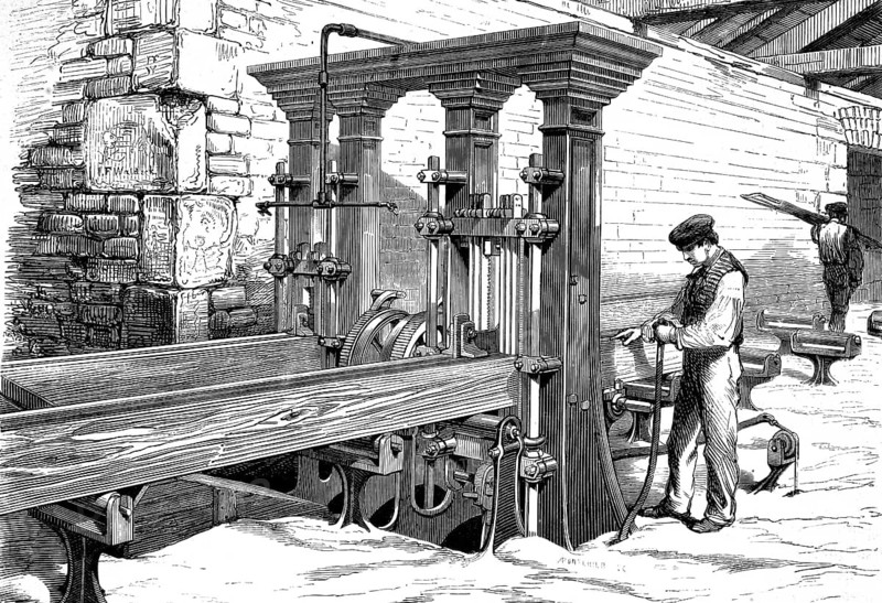 A frame saw, a vertical saw frame in which several saw blades are clamped in parallel within a cast-iron frame. This moves mechanically up and down to cut thick logs or planks (deals) simultaneously into several boards, 1853, authentic, high-resolution reproduction of a 19th-century original, exact date of the illustration unknown, Historical