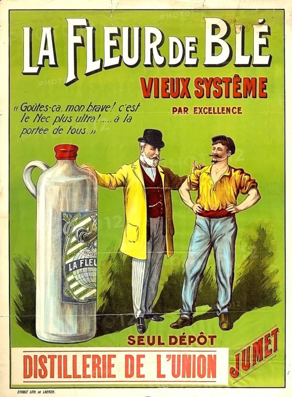 Advertising poster, drinks advertisement, vintage poster from Belgium (c. 1910–1920) promoting La Fleur de Blé, an alcoholic drink produced by the Distillerie de l'Union in Jumet. The lithograph depicts a dapper gentleman in a yellow coat offering a glass to a labourer in work clothes, portraying the drink as accessible to all social classes, an authentic reproduction of a historical advertising poster, advertising sign, in high resolution