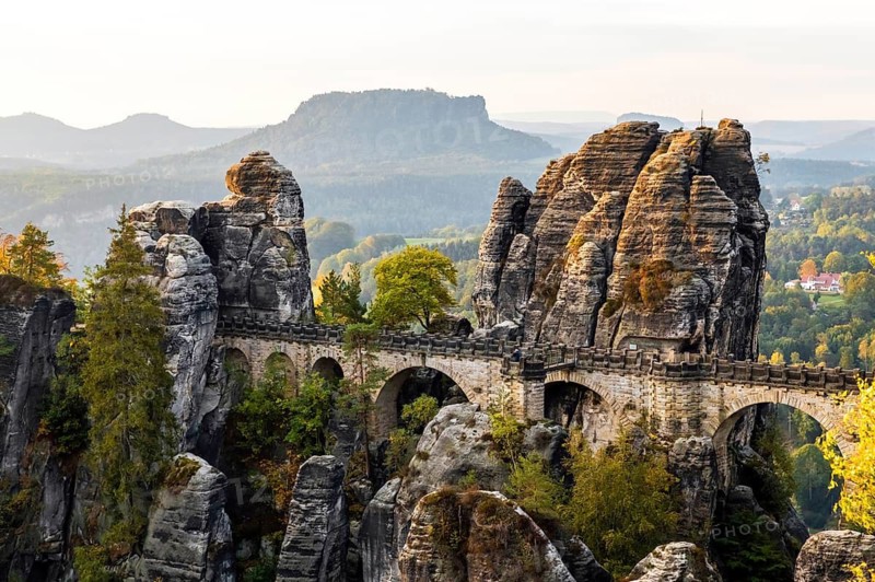 Saxony, Saxon Switzerland, Germany, autumn leaves, rocks, autumn, sandstone, Bastei bridge, sunset, Elbe Sandstone Mountains, bizarre rock forms, Saxon Switzerland, Saxony, Federal Republic of Germany