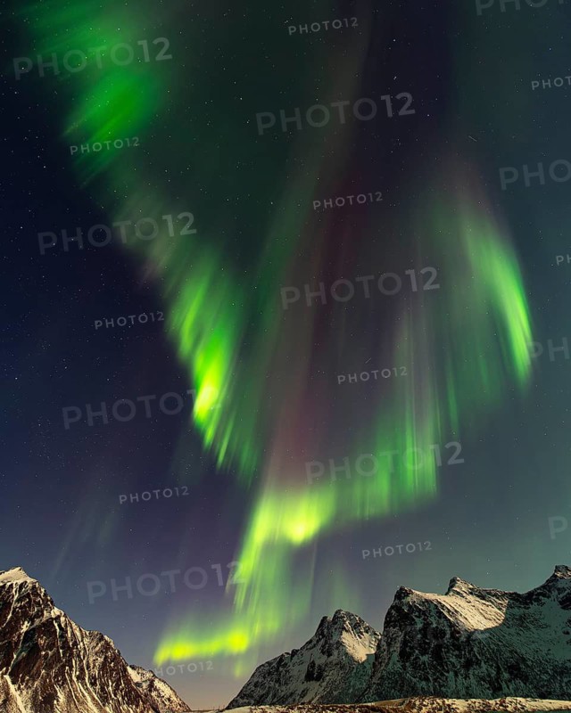 Aurora over the mountains and sea of Lofoten, Northern Lights, Northern Lights, Landscape, Leknes, Nordland/Lofoten, Norway