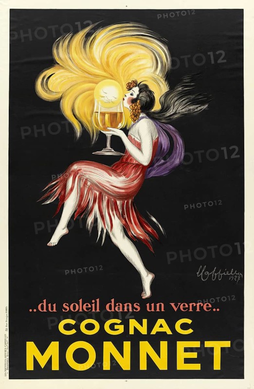 Advertising poster, beverage advertisement, art poster for cognac Monnet, designed by Leonetto Cappiello in 1927, depicting a woman in a red dress holding a sun and a glass of cognac against a distinctive black background, authentic reproduction of a historical advertising poster, advertising sign, in high resolution, historical