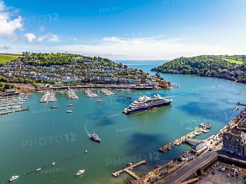 Le Bellot cruising ship on River Dart from a drone, Ponant Explorers, Dartmouth and Kingswear, River Dart, Devon, England, United Kingdom
