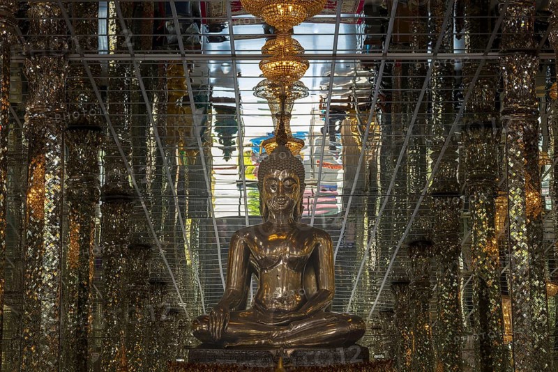 Silver Buddha statue, Bhumispara-mudra: Gautama Buddha at the moment of enlightenment, Wihan Kaeo (glass temple) : a breathtaking, mirrored ordination hall, Wat Muang, Ang Thong Province, Isan, Thailand