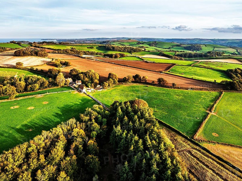 Colours of Devon Farms and Fields over Berry Pomeroy from a drone, Totnes, England, United Kingdom