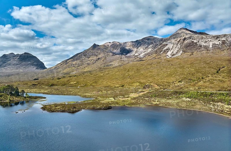 Panoramic aerial photo of Beinn Eighe National park and Loch clair in the in the scottish highlands, Torridon valley, Scotland, UK
