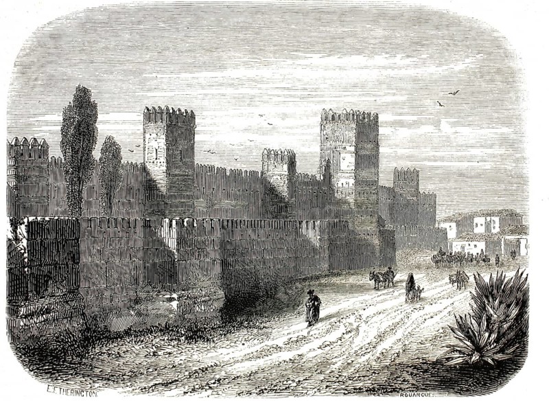 Wood engraving from 1878 depicts the Moorish fortification walls of Seville in Andalusia, Spain. The distinctive fortifications from the Almohad period with their characteristic square defensive towers and battlements are shown, authentic, high-resolution reproduction of a model from the 19th century, exact date of presentation unknown, historical
