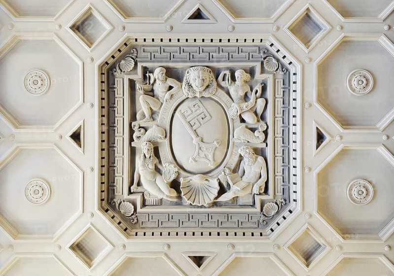 View from bottom to top of the stucco ceiling of the ballroom with Bremen key in the New Bremen Town Hall, UNESCO World Heritage Site, Free Hanseatic City of Bremen, Germany