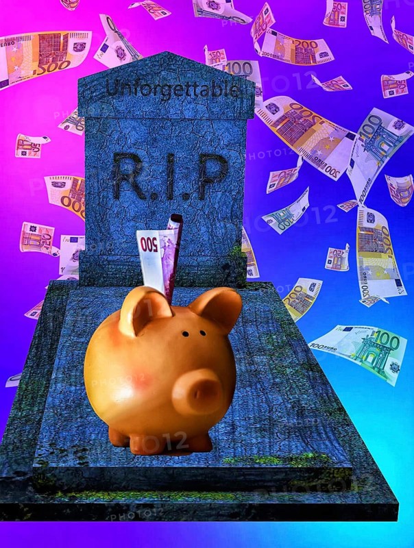 Symbolic picture, savings certificate with 500 euro note on tombstone with R.I.P, decline of savings culture, bank, bank account, financial security, family, children, reserves, expenses, percentages, savings allowances, property, profit, savings account, retirement insurance