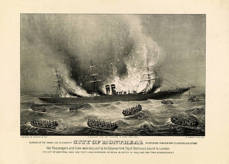 The fire and sinking of the inman line steamship City of Montreal en route from New York to Liverpool on August 10, 1887, authentic, digitally restored reproduction in high resolution from a 19th century original, exact date of presentation unknown, American history, historical