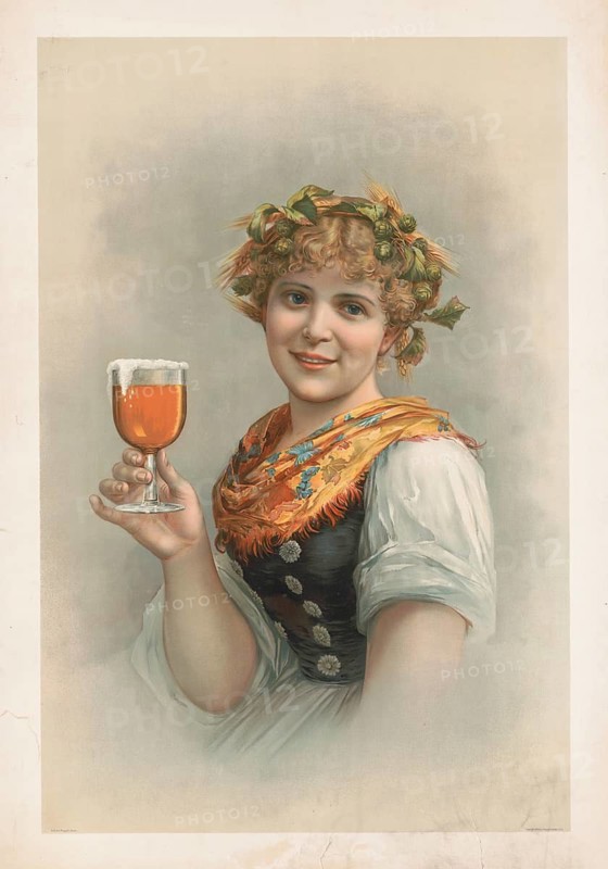 Advertising poster, beverage advertisement, print from 1890 with the title German barmaid, German waitress, published by L. Prang & Co. in Boston. The poster shows a smiling young woman with blond hair, decorated with hop vines, raising a glass of beer as toast. She wears a traditional bodice with silver buttons over a white blouse and a patterned yellow scarf. Such representations were frequently used as advertising posters for the brewing industry, authentic reproduction of a historical advertising poster, advertising sign, in high resolution, historical
