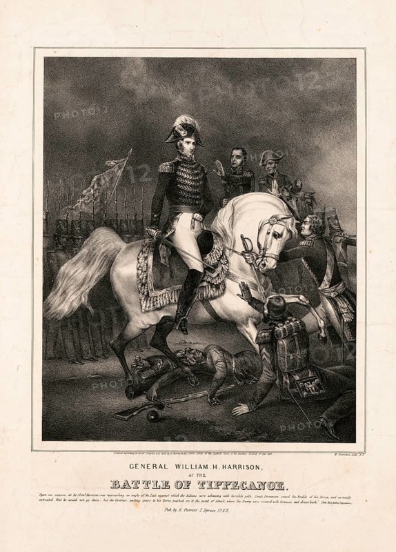 The historical print shows the future US President General William Henry Harrison on a mold during the Battle of Tippecanoe on November 7, 1811, American history, authentic, digitally restored reproduction in high resolution from a 19th century original, exact date of presentation unknown, historical